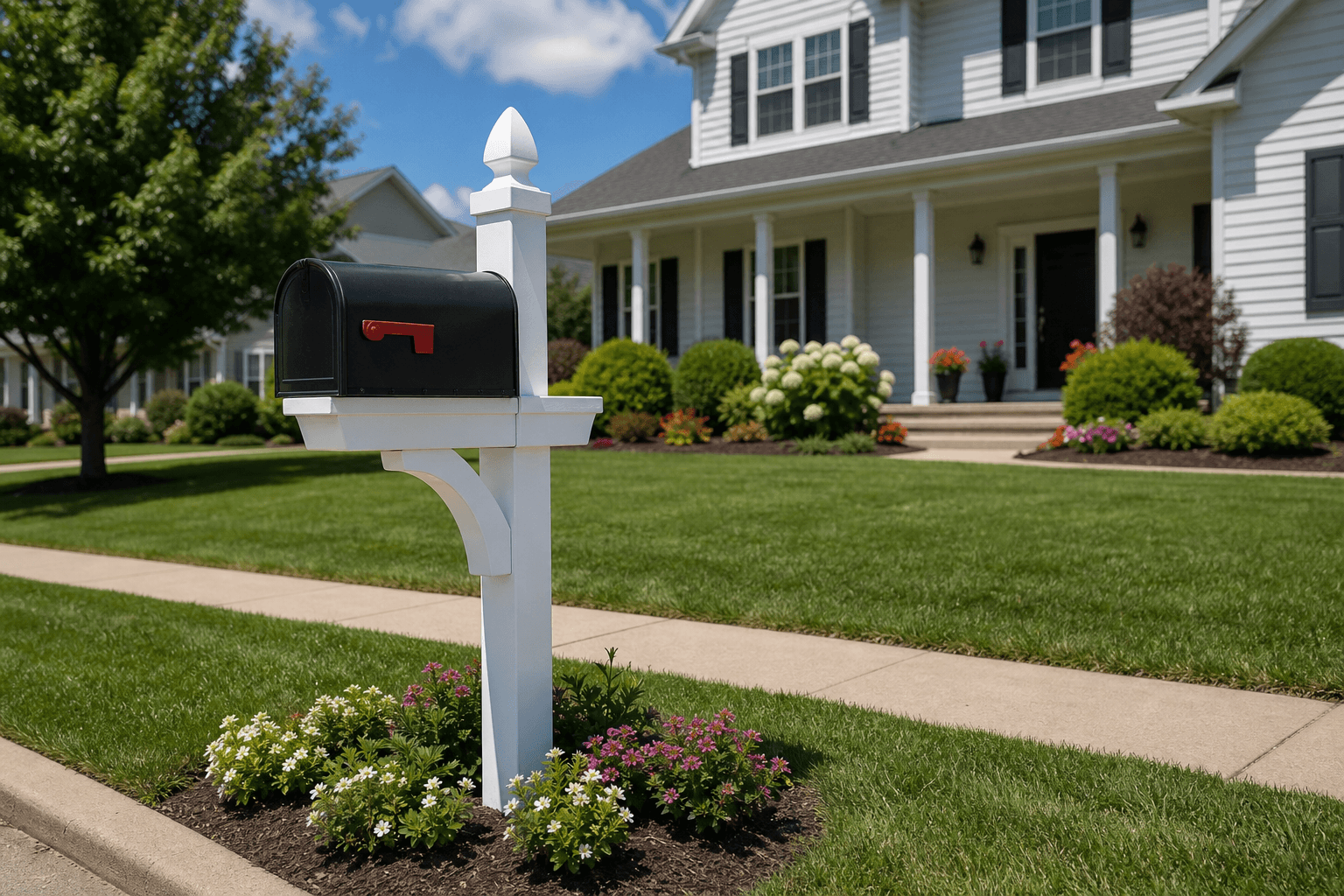 HOA-compliant white vinyl post mailbox in a Nashville-area neighborhood