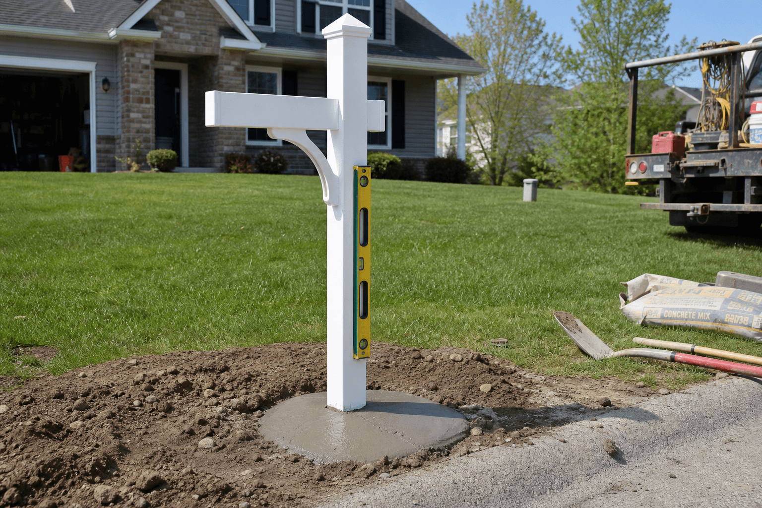 New mailbox post set in fresh concrete for a Nashville installation